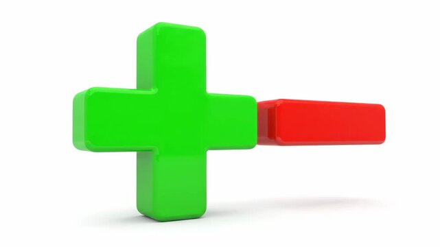Bright Green Plus and Red Minus Sign - This stock video shows a bright green plus sign and a red minus sign in a 3D video. The simple design is isolated on a clean white backdrop.