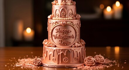 Exquisite rose gold metallic tiered celebration cake prominently featuring elegant scripted lettering wishing happy valentine's day.