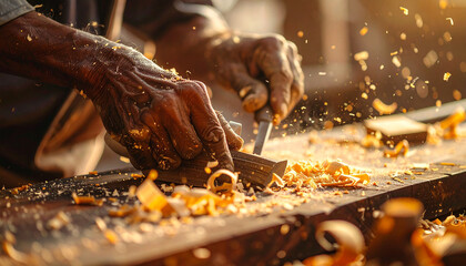 Skilled hands of an elderly artisan deeply engaged in woodworking