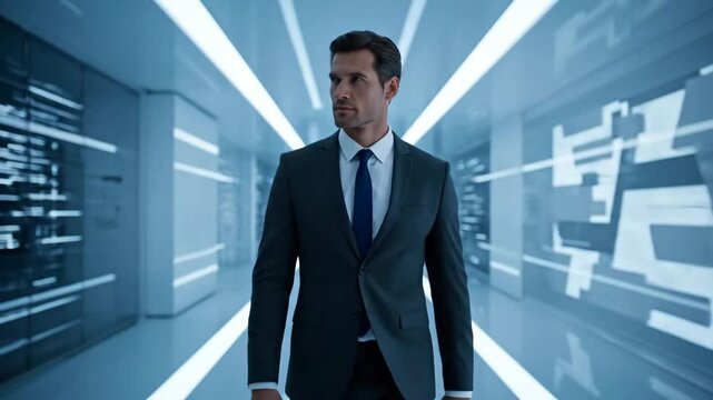 Confident Businessman in Futuristic Office Corridor - A stylish businessman in a suit walks forward in a modern office corridor with abstract designs.