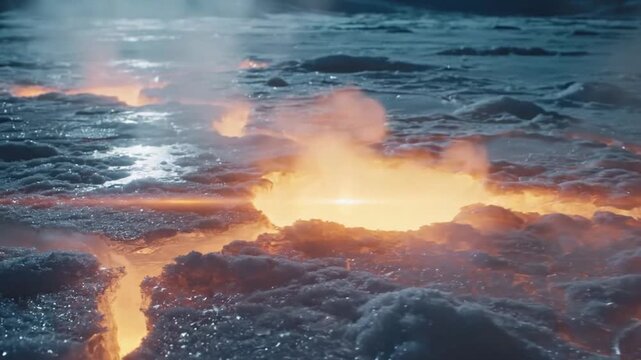 Geothermal landscape with glowing lava cracks