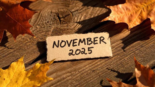 November 2025 Cardboard Label with Fall Leaves - A handwritten cardboard label displaying "NOVEMBER 2025" rests on a textured wooden surface surrounded by dry autumn leaves.