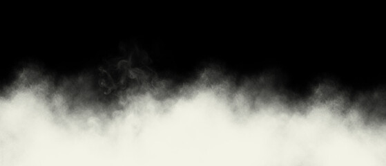 Fototapeta premium Ethereal white smoke or fog billowing upwards from the bottom edge against a stark black background creating dramatic atmospheric texture overlays for design projects