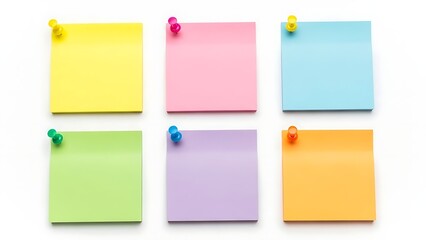 Six vibrant sticky notes in various colors with pushpins on a clean white background, perfect for organization and planning.