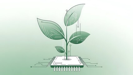 Sustainable Technology Concept with Green Plant Growing from Microchip, Eco Friendly Innovation and Bio Engineering Line Art Illustration