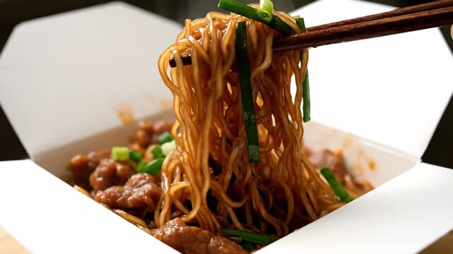 Noodles with Meat and Chives Take Away - Chopsticks lift noodles with meat and chives from a white take-out box. The Asian dish is a tasty and delicious food option.