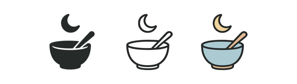 suhoor breakfast three small bowl and spoon with tiny crescent above soft pastel tones