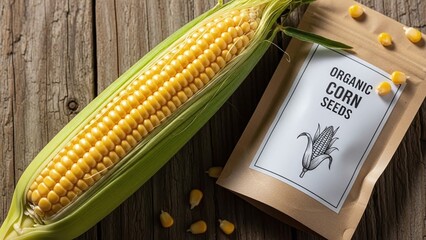 organic yellow corn cob and craft seed packet on wooden table for agricultural blogs, gardening shops, eco-friendly branding, farm-to-table menus and autumn harvest festival posters