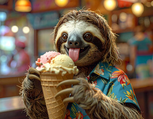 Obraz premium Faultier schleckt ein Eis