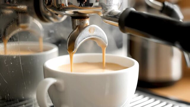 Espresso Machine Pouring Coffee - A close-up shot of an espresso machine pouring coffee into a white cup, steam rising. Another filled cup sits in the background.