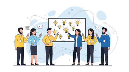 Team Brainstorming Ideas on Whiteboard with Lightbulbs - Business Meeting