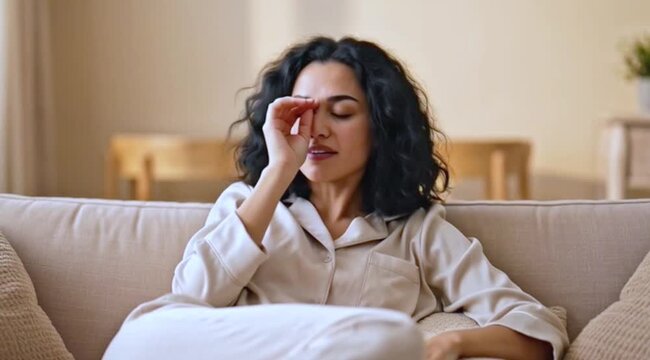 Woman excessive sleepiness weakness hypersomnia fatigue always tired daily. AI