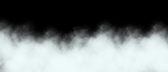 Fototapeta premium Ethereal white mist or smoke gracefully rises from the bottom edge against a stark, deep black background creating a dramatic visual effect for design