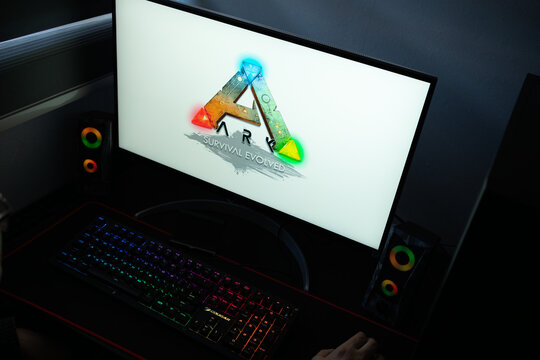 Punta Arenas, Chile &ndash; January 20, 2026: ARK: Survival Evolved video game logo displayed on a computer monitor in a dark gaming room setup