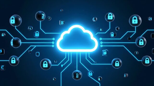 Secure Cloud Network Illustration - A glowing cloud icon sits at the center of a network of connected spheres and cubes, all video in a dark blue and black color scheme with bright blue accents.