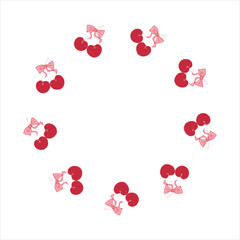 Cherries with ribbons circle frame for Valentine's Day and birthday. Hand drawn round wreath with empty copy space. Vector illustration for cards, invitations, packaging, branding