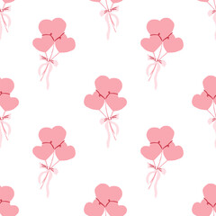 Heart air balloon seamless pattern. Whimsical festive background in pink tones for romantic Valentine's Day. Vector hand drawn simple illustration for fabric, packaging, wrapping paper, wallpaper