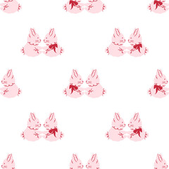 Seamless pattern with cute kawaii bunny couples in love for Valentine's Day. Romantic repeating background in pastel pink tones. Vector hand drawn illustration for wrapping paper, fabric, wallpaper