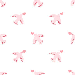 Seamless pattern with flying love birds. Cute pink pigeons with hearts Valentine&rsquo;s Day background. Vector hand drawn kawaii doves print for wrapping paper, textiles, scrapbooking, wallpaper