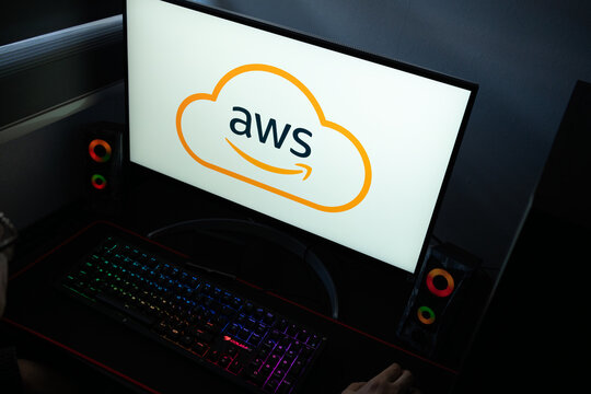 Punta Arenas, Chile &ndash; January 20, 2026: Amazon Web Services (AWS) cloud computing logo displayed on a computer monitor in a dark office