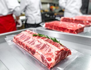 Firefly beef short ribs prepared in a professional kitchen with chefs in the background during service time
