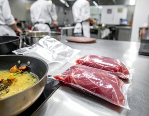 Preparing firefly duck breast in the kitchen before serving during a busy dinner service in a restaurant