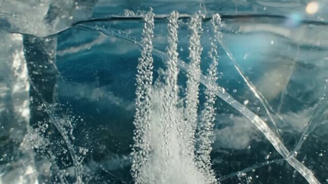 Intricate ice formation with bubbles and snowflake pattern