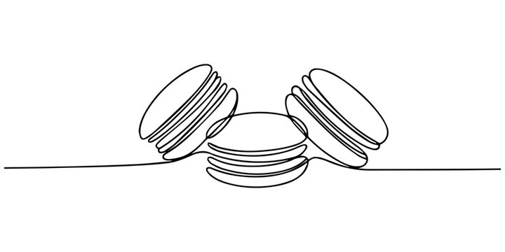 Macaron one line drawing, Macaroon continuous one line drawing. Sweet french macaroons, Continuous one line drawing of colorful French macaroons isolated on white background, Macaron cookie one