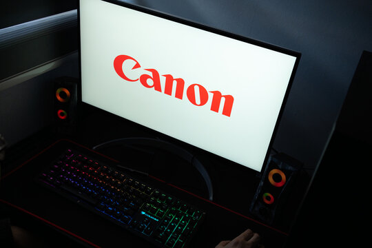 Punta Arenas, Chile &ndash; January 20, 2026: Canon Inc. corporate logo displayed on a computer monitor in a dark room with RGB lighting