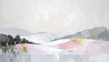 Soft pastel impasto painting of an abstract mountain landscape with gold leaf accents. Textured palette knife art ideal for luxury interior decor, serene wall prints, or modern home staging.