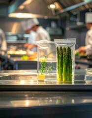 Fresh asparagus and herbs in a busy restaurant kitchen setting with chefs preparing meals during dinner service