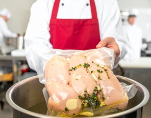 Professional kitchen scene with chef holding marinated chicken in vacuum bag ready for cooking