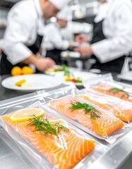 Busy restaurant kitchen during rush hour with chefs preparing fresh salmon for service and highlighted garnishes