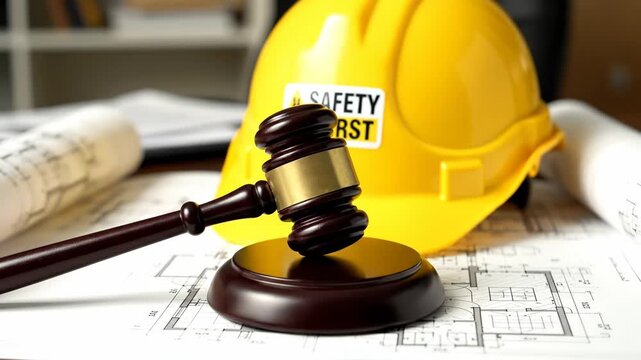 Construction Law and Safety Compliance - A gavel and a yellow safety helmet labeled "Safety First" are placed on top of architectural blueprints, symbolizing the intersection of construction law,