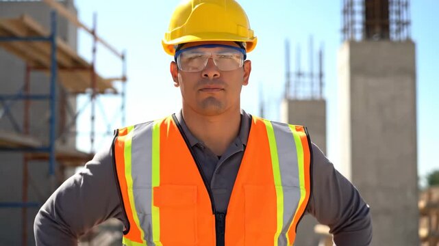 Construction Worker Ready for Task - A focused construction worker in a yellow hard hat, safety glasses, and reflective vest stands on a construction site.