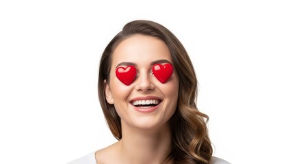 Romantic daydreaming girl with heart-shaped eyes expressing joy and optimism in love