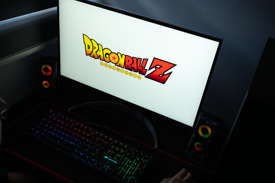 Punta Arenas, Chile &ndash; January 20, 2026: Dragon Ball Z anime series official logo displayed on a computer monitor in a dark room with RGB lighting
