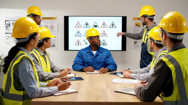 Construction Workers in Safety Training Session - A group of construction workers wearing protective gear attend a safety training session.