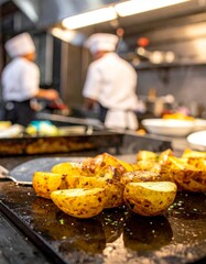 Crisping firefly potatoes on the plancha during kitchen service time