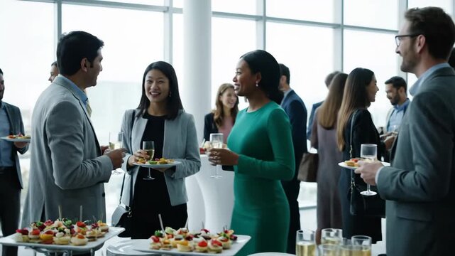 Corporate Networking Event with Refreshments - Diverse group of professionals mingles at a corporate event.