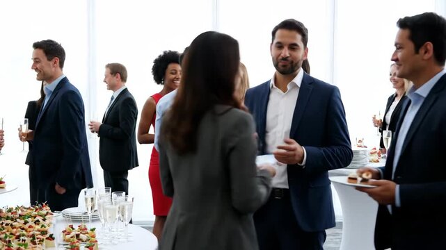 Corporate Networking Event with Refreshments - A group of professionals network and mingle at a catered corporate event.