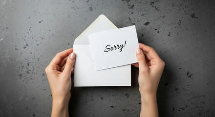 Hands holding an open white envelope with a 'Sorry!' card on a dark gray concrete background, symbolizing apology and regret.
