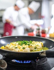 Busy kitchen scene showcasing the cooking of firefly white fish fillet by chefs in a restaurant setting