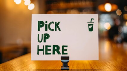 Pick up here, the self service banner sign at the food restaurant or beverage counter bar.