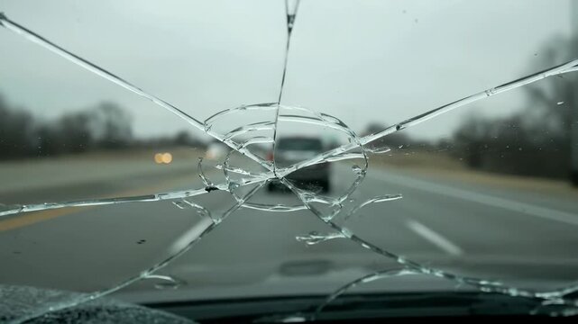 Cracked Car Windshield on Highway - This video shows a close-up of a cracked car windshield with a blurry highway and a vehicle in the distance.