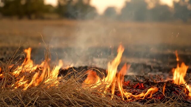Grass Fire with Swirling Smoke - The video captures vivid flames consuming dry grass, with glowing embers and swirling smoke in a parched landscape.