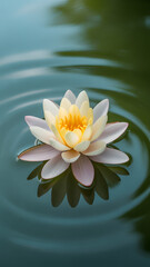 A water lily with petals in the water creates a peaceful scene.