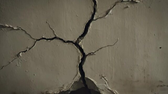 Damaged wall with cracks - Close-up of a severely cracked and crumbling wall, exposing the underlying structure. The damage indicates structural issues and potential safety concerns.