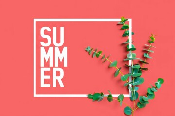 Summer exotic background with green eucalyptus isolated on coral color and white frame with space for text.