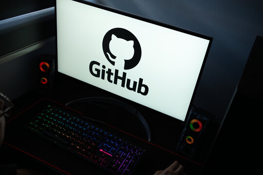 Punta Arenas, Chile &ndash; January 20, 2026: GitHub software development platform logo displayed on a computer monitor in a dark room